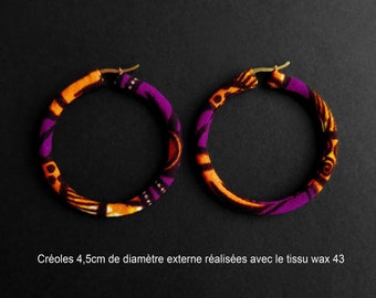 Créoles en wax - 4,5cm de diamètre - tissu 43 - Jaune orangé, magenta, marron, blanc - Modèle unique, idée cadeau originale et tendance