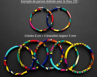 Parure créoles + 3 ou 5 bracelets souples waterproof en wax - Tissu et taille au choix - Modèles uniques, idée cadeau originale