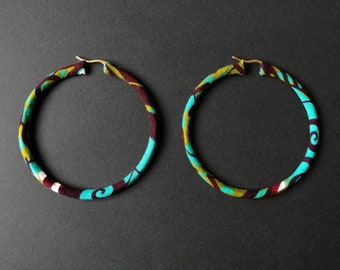 Wax hoop earrings - Diameter of your choice (3 to 10.5cm) - fabric 27 (turquoise / burgundy / khaki) - Original and trendy gift idea