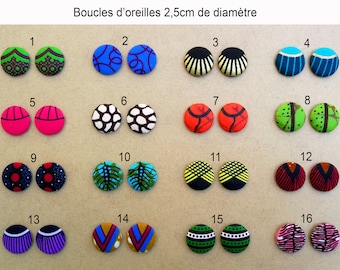2.5cm wax button earrings - stainless steel stem or clip - antiallergic - Washable, original and trendy!