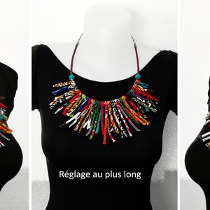 Collier multicolore plastron à franges en wax, modulable, longueur ajustable Finition bronze, dorée ou argentée Modèles uniques image 3