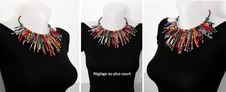 Collier multicolore plastron à franges en wax, modulable, longueur ajustable Finition bronze, dorée ou argentée Modèles uniques image 2