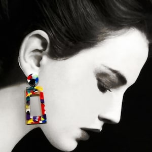 Geometric earrings in multi-colored resin and stainless steel - Unique model - Trendy and original gift idea