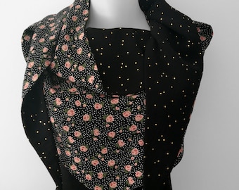 Maxi reversible women's scarf - Triangle scarf - pink, black and white floral print viscose - double gauze with gold polka dots - Trendy gift