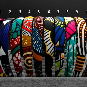 Può includere: Dieci fasce per capelli colorate con diversi motivi di stampa africana. Le fasce sono numerate da 1 a 10.