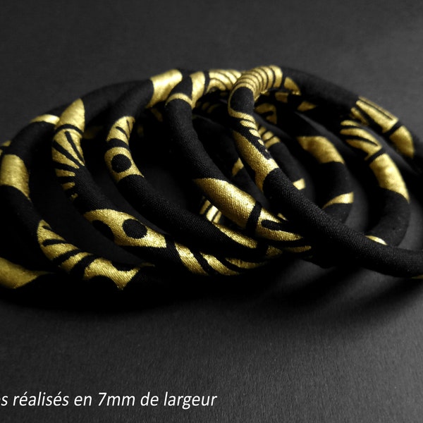 Bracelet flexible waterproof en wax Ankara noir et doré (tissu 161) - 4 largeurs au choix - Modèles uniques - idée cadeau originale