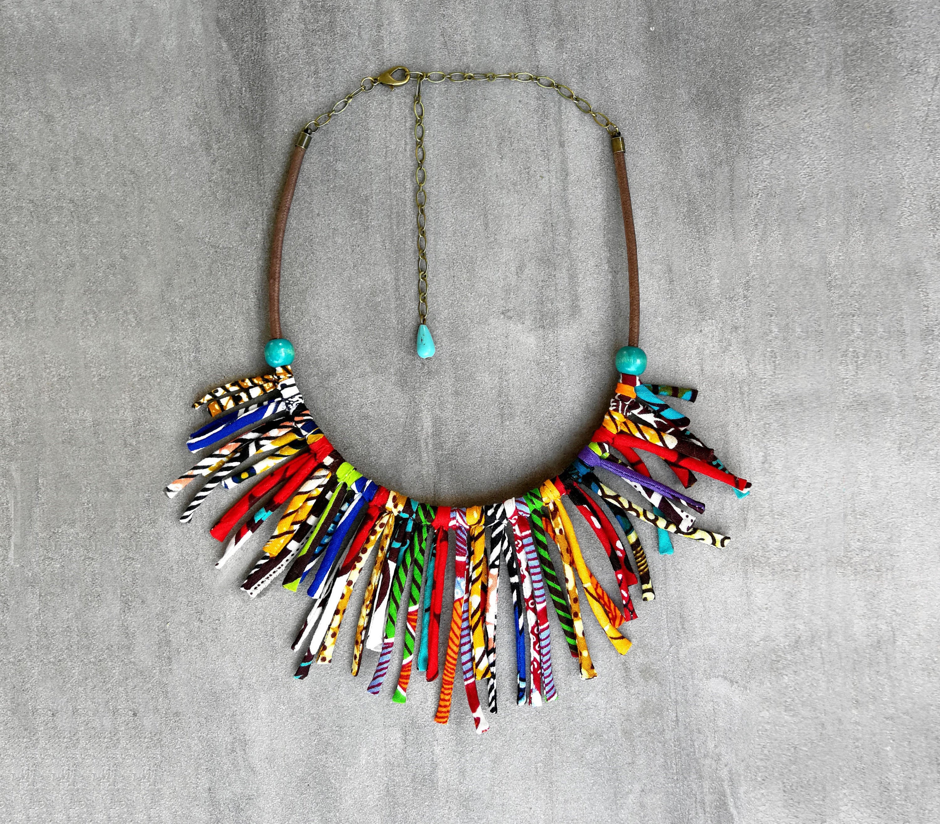 Collier multicolore plastron à franges en wax, modulable, longueur ...