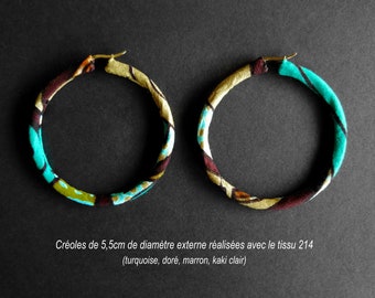 Créoles en wax - 5,5cm de diamètre - tissu 214 (turquoise/doré/marron) - Modèle unique, idée cadeau originale et tendance