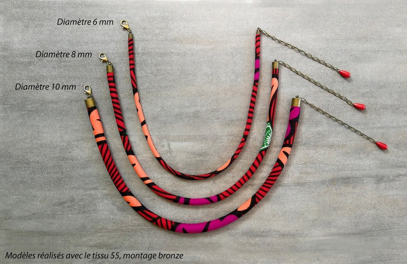 Collier wax sur mesure : tissu, diamètre 6mm, 8mm ou 10mm et finition bronze ou dorée au choix Modèles uniques, bijou tendance image 1