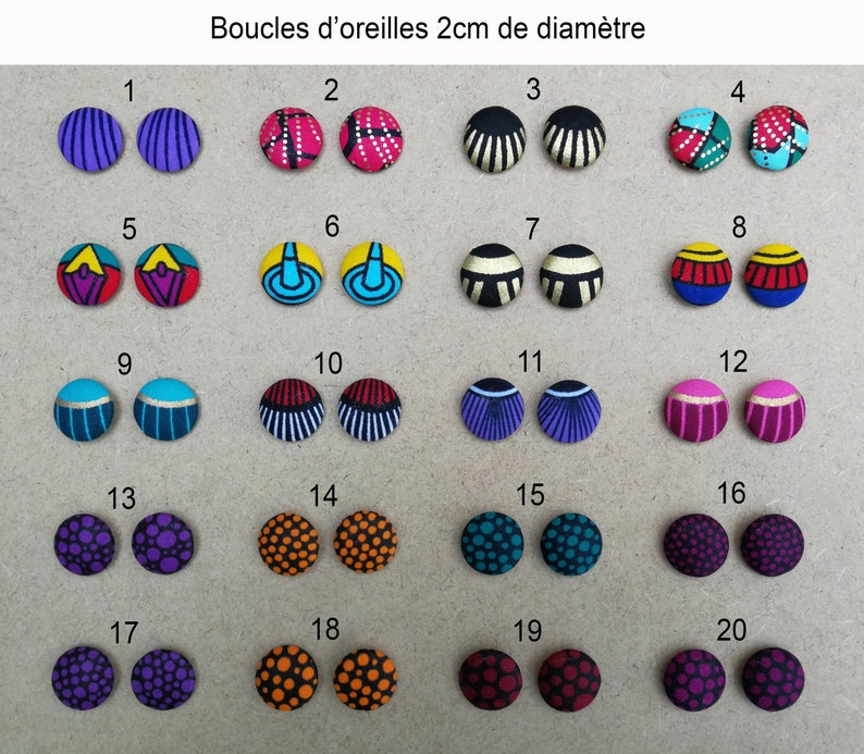 Boucles d'oreilles 2cm puces boutons en wax tige acier inoxydable ou clip antiallergique Lavables, originales et tendance image 1