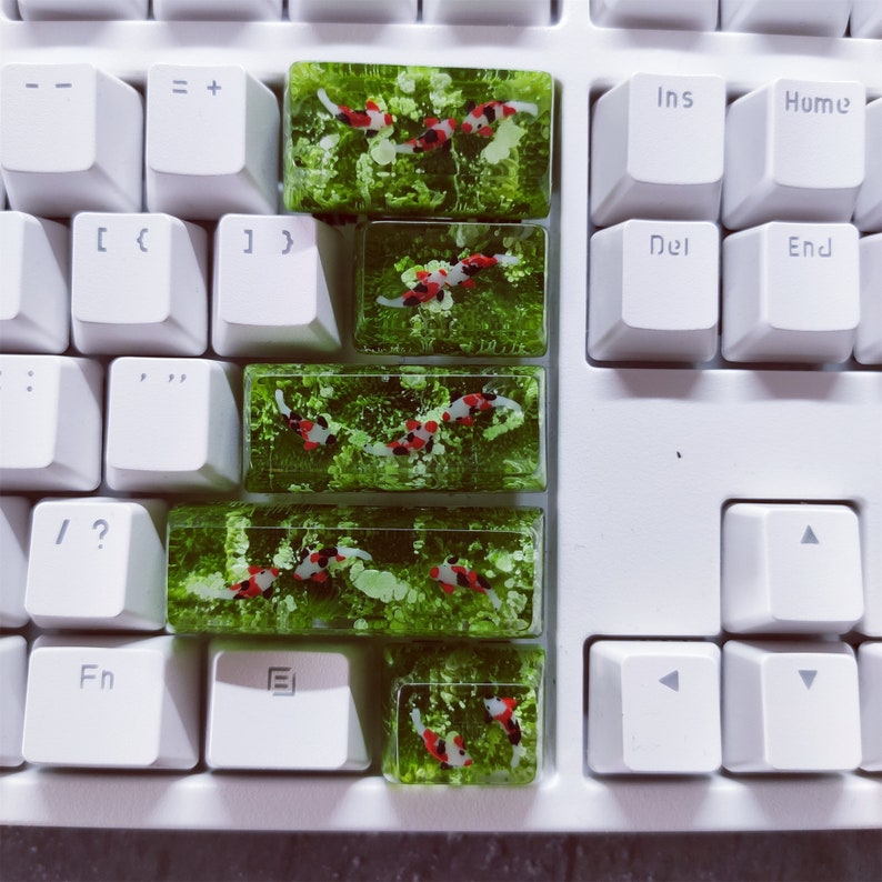 Green Lake Koi Fish Keycap, Color Blooming keycap, Handmade Resin Artisan Keycap, Micro Landscape Keycaps, Mechanical Keyboard Accessories. 