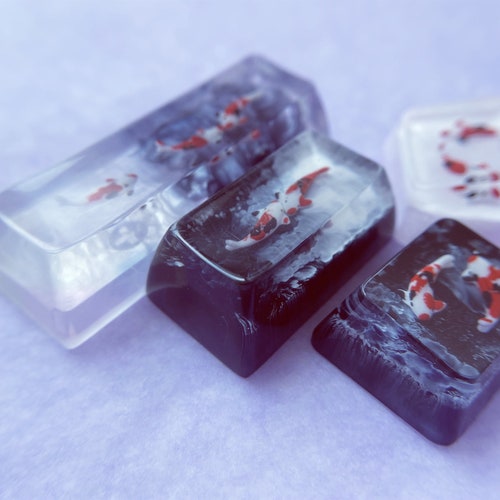OEM Transparent Koi Fish Keycap, Clear Ink Painting Handmade Resin Artisan Keycap, Micro Landscape Smoke Key cap, For Mechanical Keyboard.