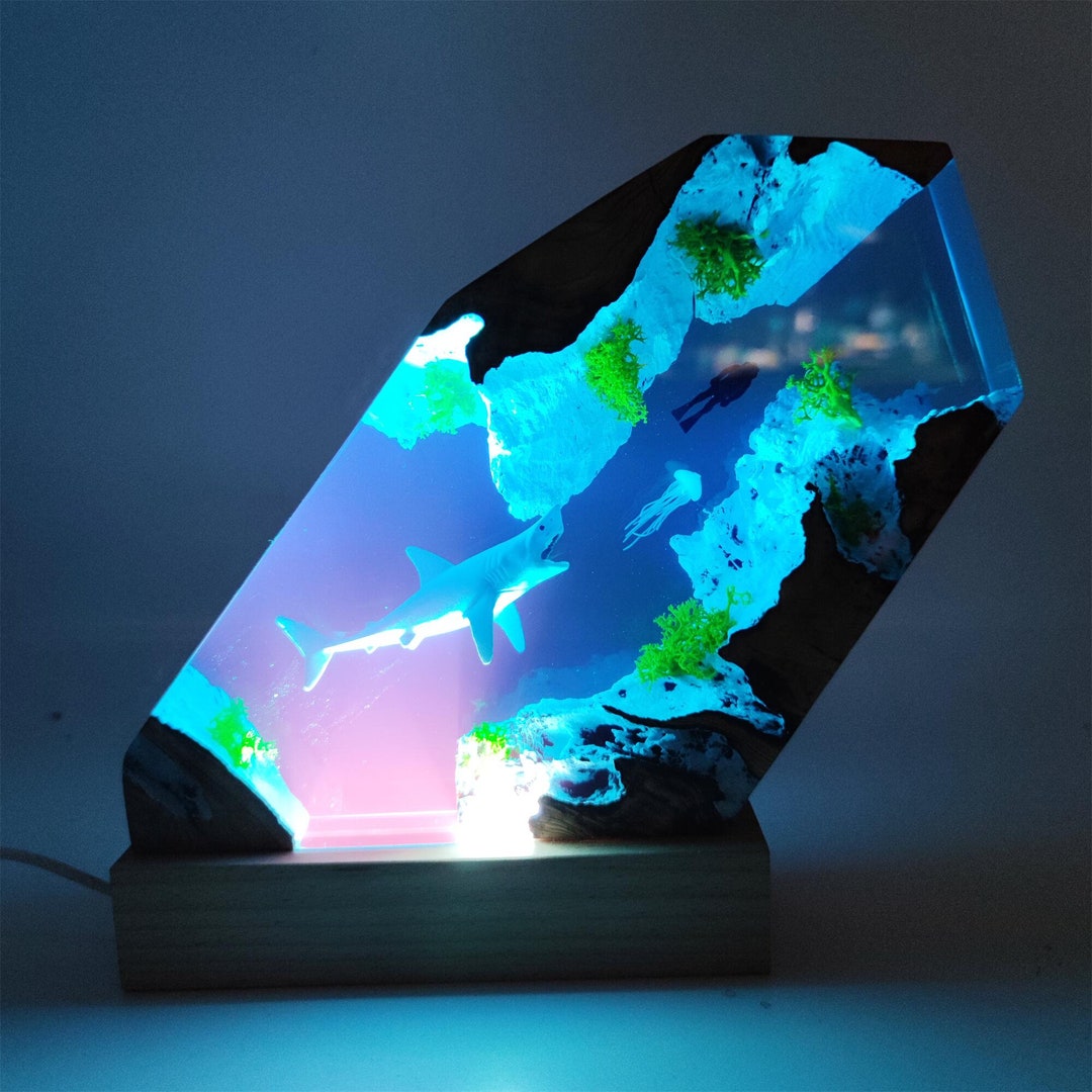 Great White Shark Night Light Lamp Artisan Resin Wood Lamp Etsy