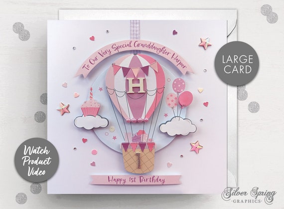 Personalised First Birthday Card, Granddaughter Birthday Card, Niece Birthday, Daughter Card, 1st Birthday, Birthday Card, Hot Air Balloon