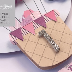 May include: A silver glitter number one in a hot air balloon basket with pink and purple pennants. The basket is decorated with a brown and white checkered pattern.