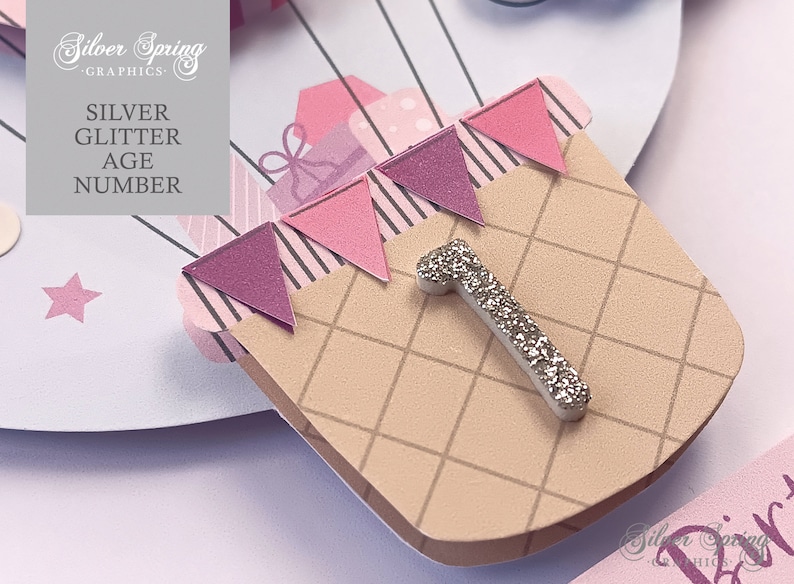 May include: A silver glitter number one in a hot air balloon basket with pink and purple pennants. The basket is decorated with a brown and white checkered pattern.