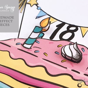 May include: A pink and yellow birthday cake with a candle, a swirl of frosting, and a banner that says '18'. The cake is decorated with sprinkles and has a 3D effect.