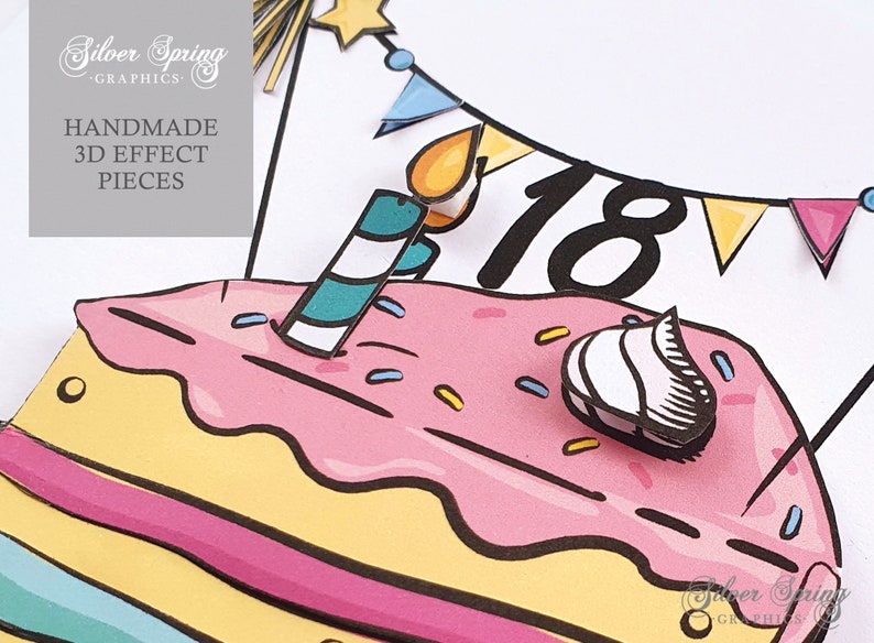 May include: A pink and yellow birthday cake with a candle, a swirl of frosting, and a banner that says '18'. The cake is decorated with sprinkles and has a 3D effect.