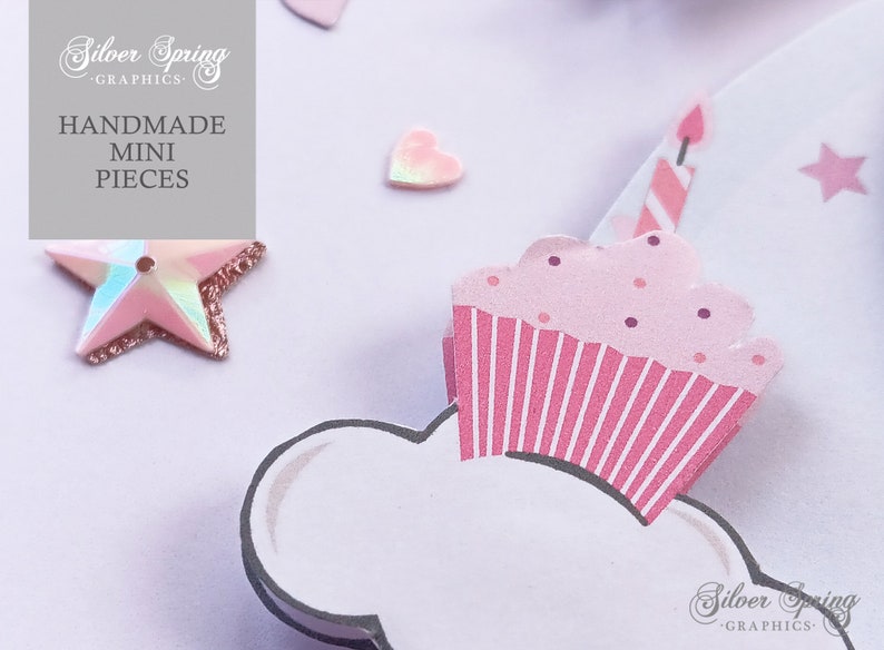 May include: A pink and white cupcake with pink frosting and white sprinkles, topped with a pink and white striped candle. The cupcake is on a white background with a pink star and a pink heart.