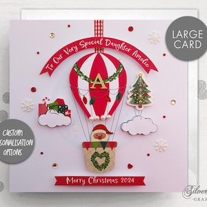 Carte de Noël personnalisée, Carte de sapin de Noël, Carte de père Noël, Grande carte, Carte de montgolfière, Carte de joyeux Noël, Carte de lettre initiale