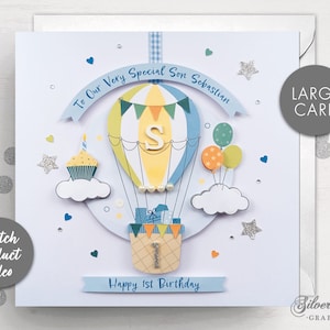 Carte personnalisée premier anniversaire, carte d'anniversaire petit-fils, carte neveu, grande carte, carte fils, 1er anniversaire, carte d'anniversaire, montgolfière