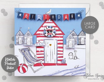 Personalised Birthday Card, Age Card, Beach Hut Card, Bunting, Age Birthday Card, Special Birthday, Friend Birthday, Relation Card, Family