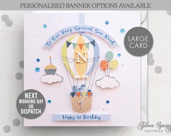 Personalised Birthday Card, Grandson Card, Nephew, Son Card, 1st Birthday, Birthday Card, Hot Air Balloon, Next Working Day UK Dispatch