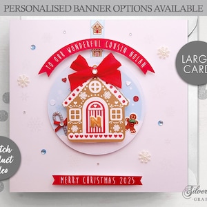 May include: A Christmas card with a gingerbread house design. The card includes a red bow, a banner reading "To Our Wonderful Cousin Nolan," and the text "Merry Christmas 2025." Decorated with snowflakes and gems, it's a festive greeting.