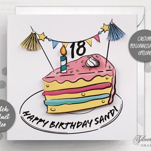 May include: A white card with a colorful birthday cake illustration. The cake is decorated with pink frosting, sprinkles, and a single candle. The cake is on a plate with the words 'Happy Birthday Sandi' written around it. The card also has a banner with stars and flags, and the number 18 on the cake. The card has a gray circle with the text 'Custom Personalisation Options' in the top right corner and a gray circle with the text 'Watch Product Video' in the bottom left corner.