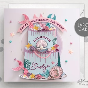 Carte d'anniversaire personnalisée avec sirène, carte de premier anniversaire, carte de sirène, grande carte, carte, carte d'anniversaire d'âge, carte de mer, carte de style gâteau, coquillage