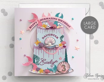 Personalised Mermaid Birthday Card, First Birthday Card, Mermaid Card, Large Card, Card, Age Birthday Card, Sea Card, Cake Style Card, Shell