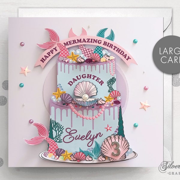 Personalised Mermaid Birthday Card, First Birthday Card, Mermaid Card, Large Card, Card, Age Birthday Card, Sea Card, Cake Style Card, Shell