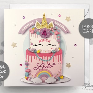 Carte d'anniversaire personnalisée licorne, carte de premier anniversaire, carte licorne, grande carte, carte, carte d'anniversaire d'âge, licorne, carte licorne de style gâteau