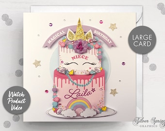 Personalised Unicorn Birthday Card, First Birthday Card, Unicorn Card, Large Card, Card, Age Birthday Card, Unicorn, Cake Style Unicorn Card