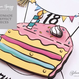May include: A yellow and pink birthday cake with a single lit candle and a number 18 on top. The cake is decorated with sprinkles and a white frosting swirl. The cake is surrounded by a blue and yellow banner and a blue tassel. The text 'Handmade 3D Effect Pieces' is visible in the top left corner of the image.