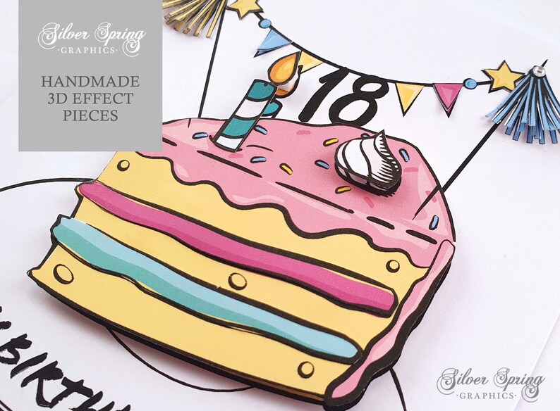 May include: A yellow and pink birthday cake with a single lit candle and a number 18 on top. The cake is decorated with sprinkles and a white frosting swirl. The cake is surrounded by a blue and yellow banner and a blue tassel. The text 'Handmade 3D Effect Pieces' is visible in the top left corner of the image.