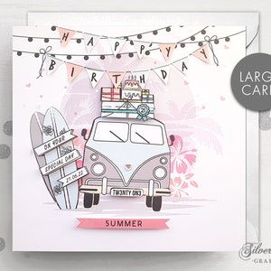 Carte d'anniversaire de camping-car, carte d'anniversaire de plage, carte d'anniversaire personnalisée, anniversaire tropical, surfeur, grande carte, anniversaire spécial