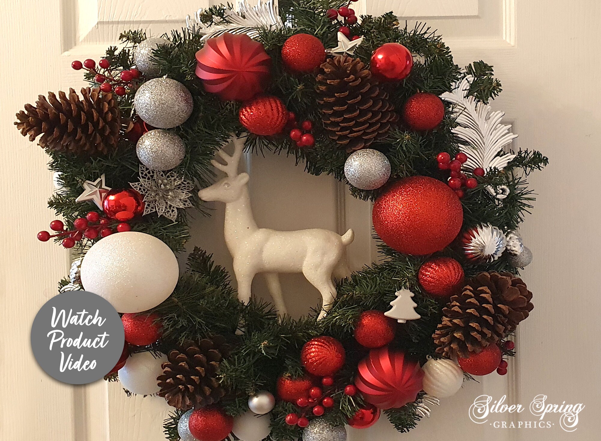 Christmas Wreath, Bauble Wreath, Christmas Decoration, Glitter Bauble, Wreath, Door Hanging Wreath, Red, Reindeer, White, Pine Cone, Tree