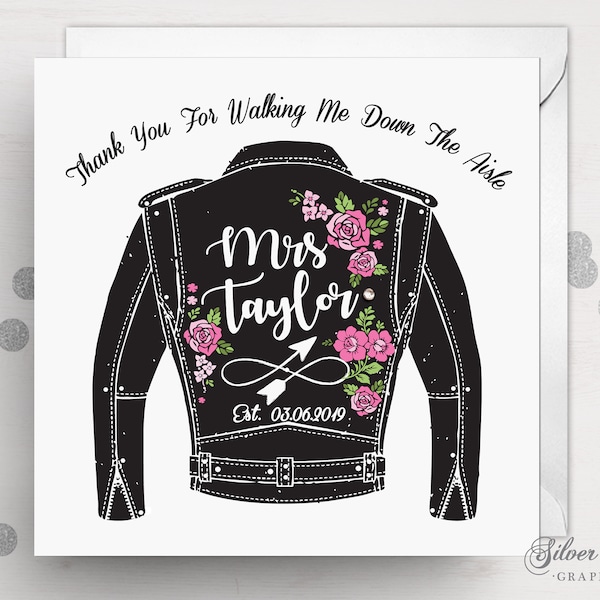 Thank You for Walking Me Down the Aisle, Personalised Card, Biker Jacket, Floral Card, Wedding Party, Father of the Bride Card, Brother Card