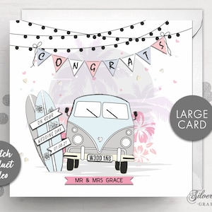 Carte de mariage Félicitations, camping-car, Carte de mariage sur la plage, Carte de mariage personnalisée, Mariage tropical, Mariés à l'étranger, Surfeur, Grande carte de mariage