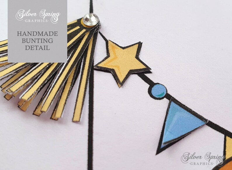 May include: A close-up of a handmade bunting detail with a yellow star, a blue circle, and a blue triangle. The bunting is made of paper and has a black outline. The bunting is attached to a string with a tassel at the top. The tassel is made of yellow and black paper strips. The text 'HANDMADE BUNTING DETAIL' is visible in the top left corner of the image.