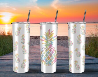 Watercolor Pineapple Tumbler Designs Wrap, 20 oz Skinny Tumbler Template PNG, Sublimation Designs, Instant Download