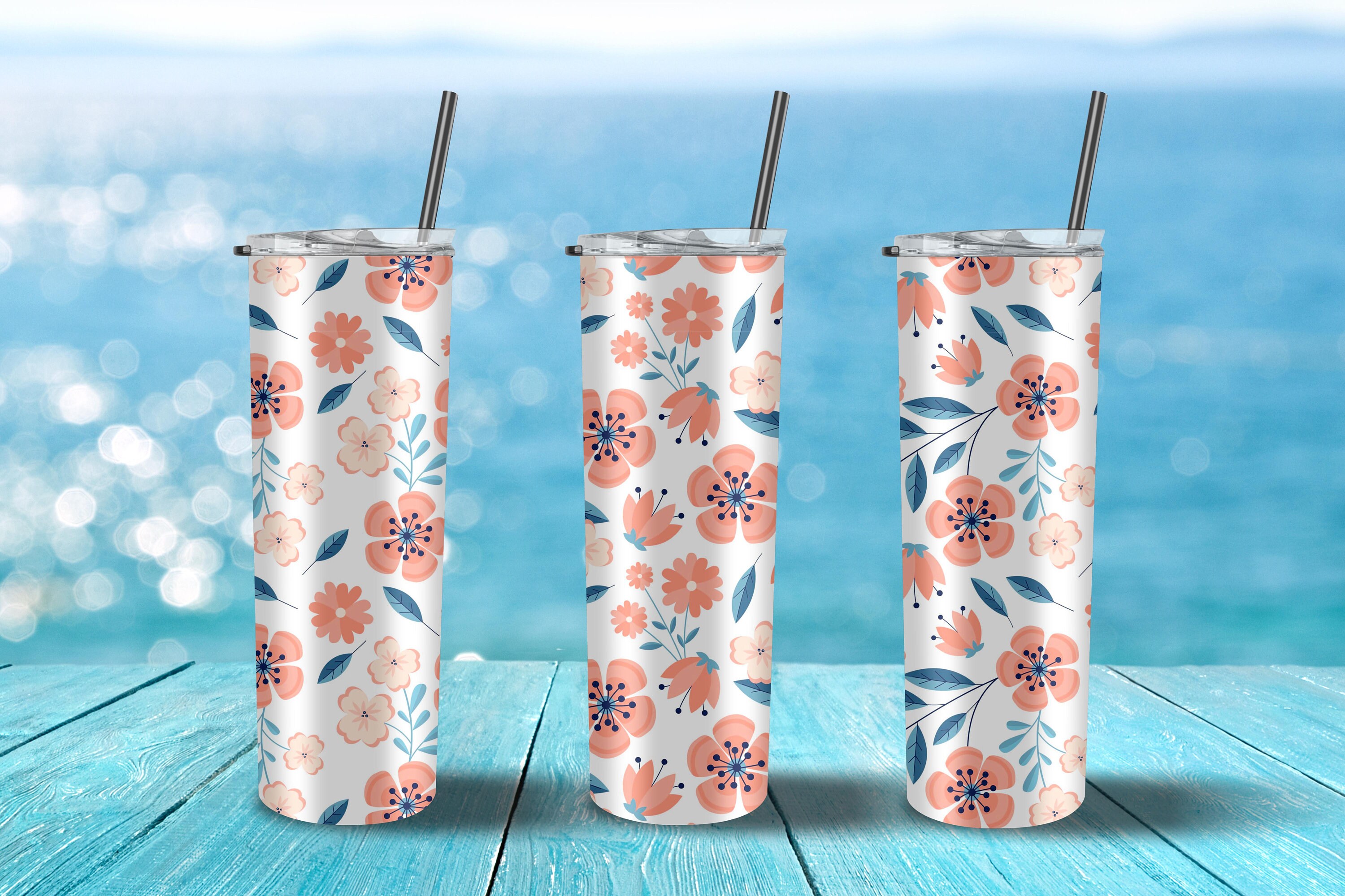 Coral Floral Tumbler Designs Wrap, 20 oz Skinny Tumbler Template PNG, Sublimation Designs, Instant Download