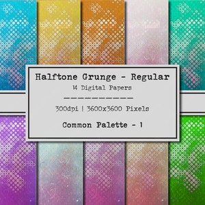 May include: A digital paper pack with 14 different patterns. The patterns are all halftone grunge style and feature a common colour palette. The text "Halftone Grunge - Regular" is at the top of the image. The text "14 Digital Papers" is below the title. The text "300dpi | 3600x3600 Pixels" is below the number of papers. The text "Common Palette - 1" is at the bottom of the image.