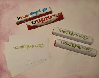 50 x Banderole Duplo & Kinderriegel - School enrollment green - Finally schoolchild - Give Away gift chocolate