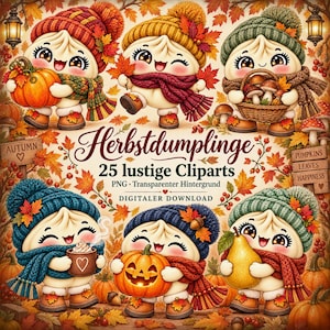 Könnte beinhalten: Eine digitale Sammlung von 25 niedlichen Knödel-Figuren mit Strickmützen und Schals, umgeben von Herbstblättern, Kürbissen, Pilzen und einer Birne. Der Text lautet Herbstdumplinge, 25 lustige Cliparts, PNG, Transparenter Hintergrund, Digitaler Download.