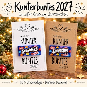 Könnte beinhalten: Zwei rechteckige Karten, eine weiße und eine braune, mit jeweils einer blauen Nestle Smarties Mini-Schachtel in der Mitte. Die Karten tragen den schwarzen Text Kunterbuntes 2027, auf ein Kunter Buntes 2027 sowie DIY-Druckvorlage Digitaler Download.