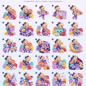 Könnte beinhalten: Eine digitale Sammlung von 25 Illustrationen mit dem Titel 25 PIXIE & KUSCHEL-DUMPLINGS, PYJAMA-PARTY, NAVY, LAVENDEL, BUNTE DUMPLINGS. Jedes Bild zeigt eine blonde Figur in einem marineblauen Schlafanzug mit Sternenmuster und bunten Knödeln.