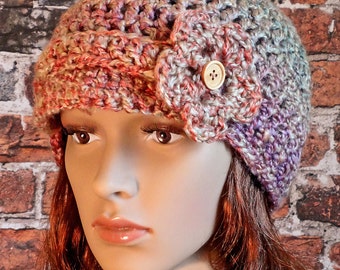 Crochet Hat Women’s, Newsboy Hat, Buttoned Flower, Accessories Hair, Gift for Her, Birthday, Teens, Girls