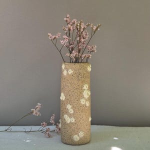 Pode incluir: Um vaso cilíndrico de cerâmica bege com detalhes florais brancos, contendo flores secas rosa. O vaso tem uma textura salpicada e está colocado sobre uma superfície azul clara contra um fundo cinza.